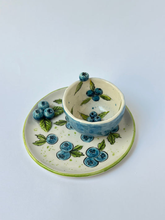 Blueberry handmade ceramic cup and plate