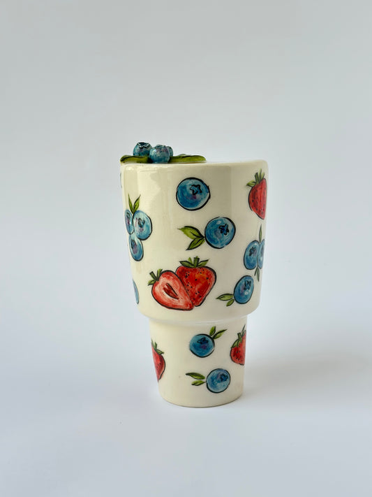 Blueberry and strawberry Handmade ceramic takeaway mug