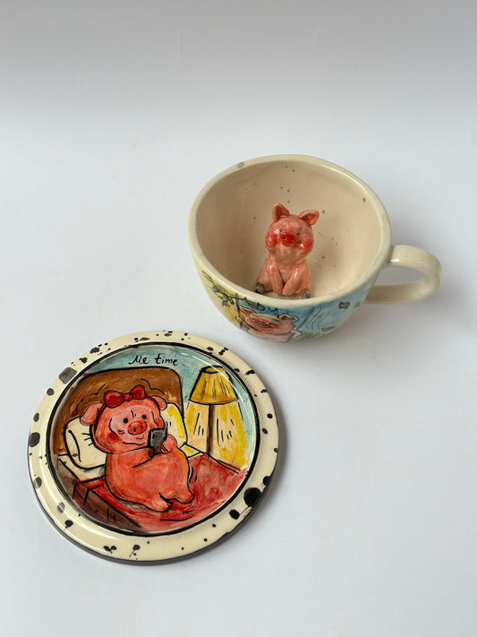 Pig handmade mug and plate