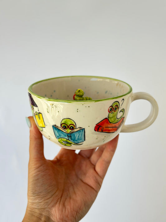 Handmade special mug Worm and book📚