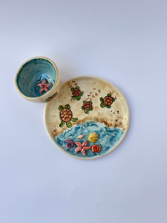 Sea Handmade ceramic coffee cup and plate