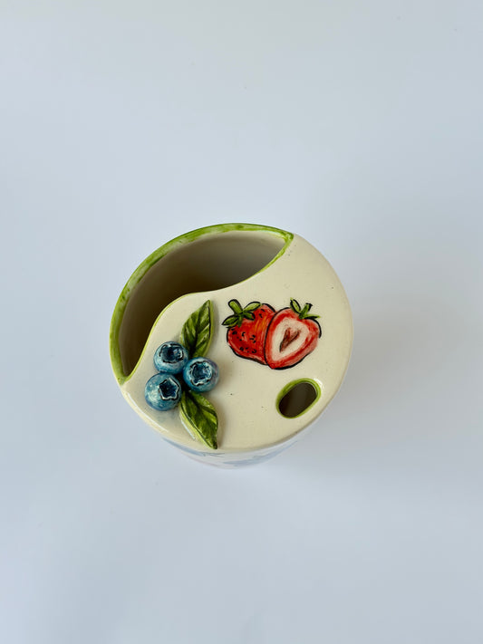 Blueberry and strawberry Handmade ceramic takeaway mug