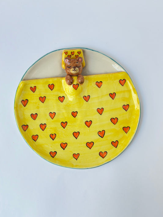 Sleeping bear handmade ceramic plate