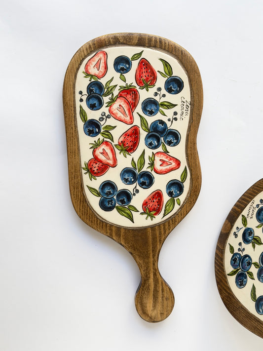 Blueberry and strawberry handmade wooden serving tray