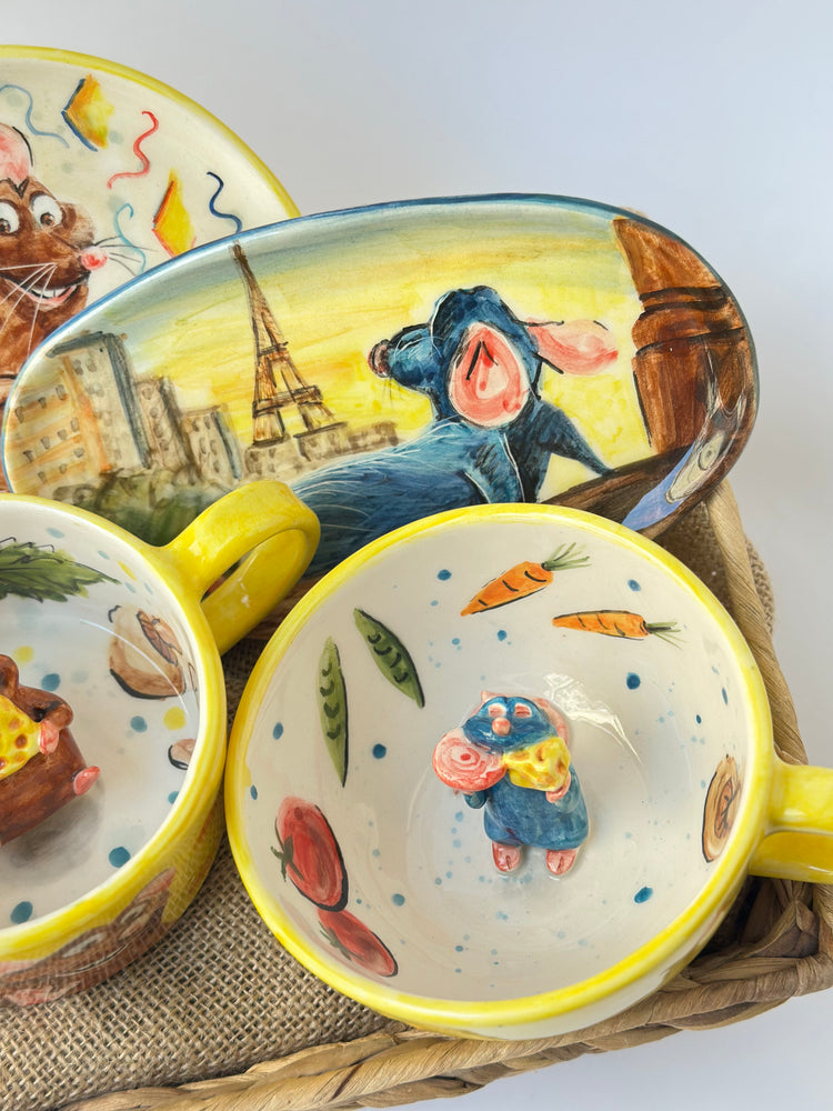 Little chef and brother handmade ceramic mugs and plate 2 piece