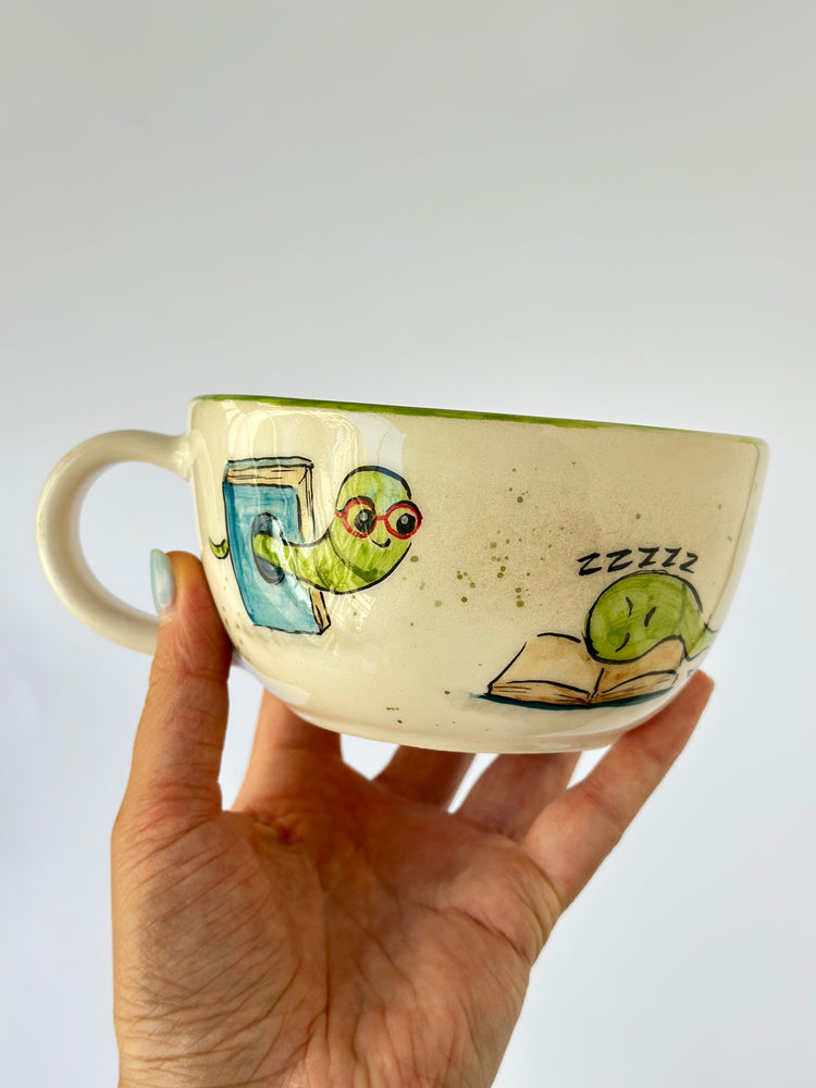 Handmade special mug Worm and book📚