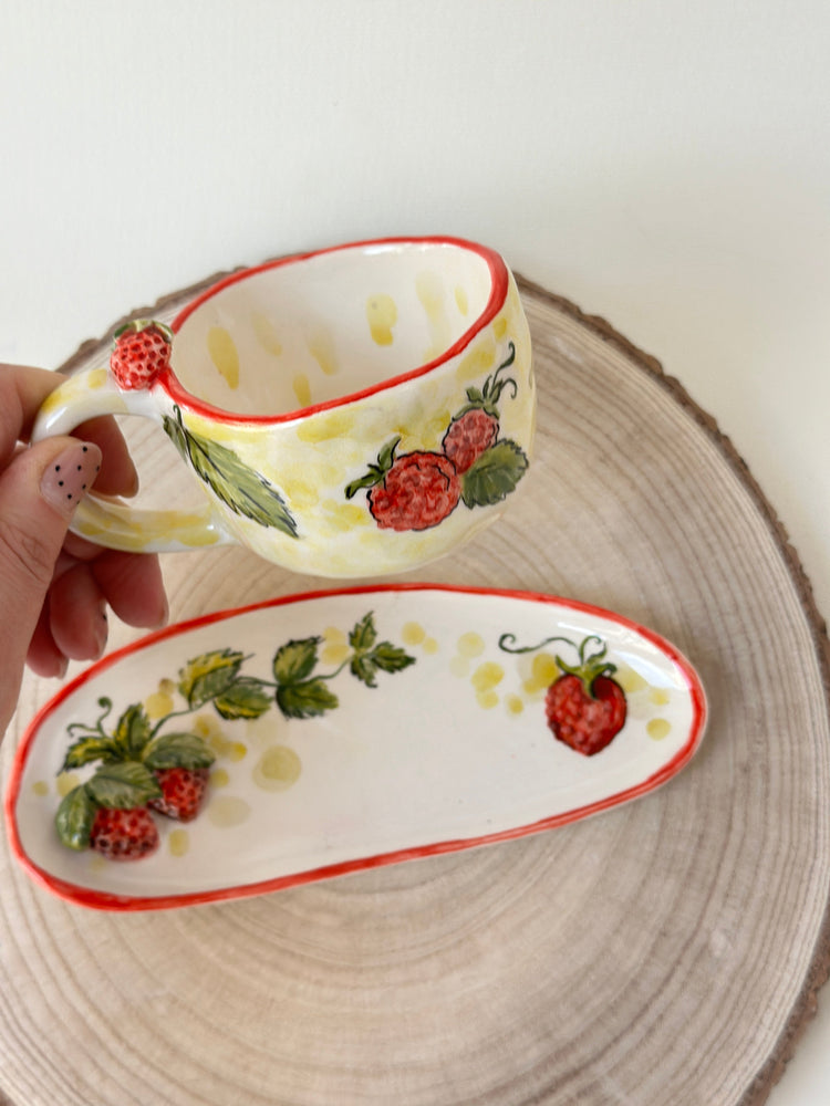Strawberry Handmade coffee cup and plate