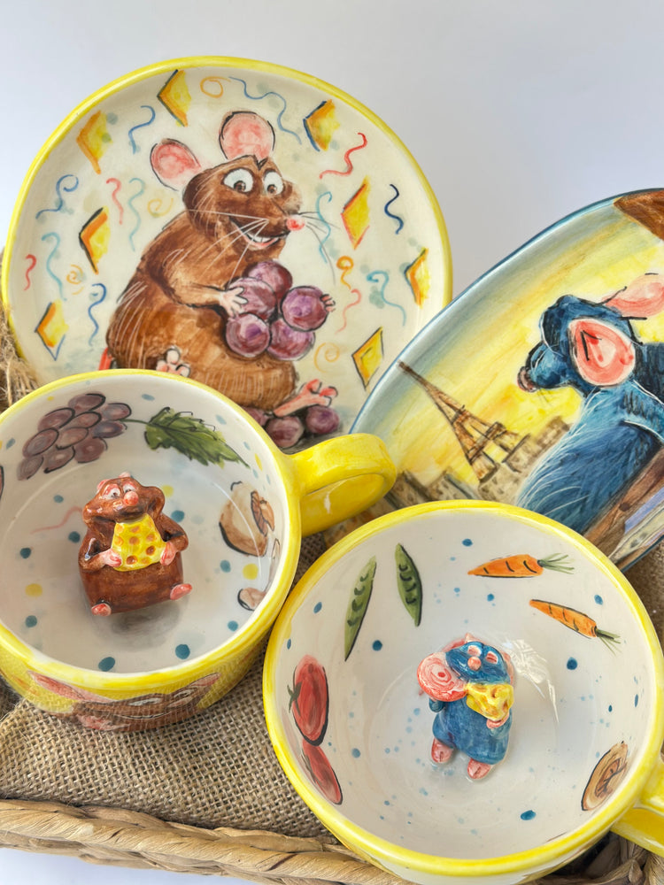 Little chef and brother handmade ceramic mugs and plate 2 piece