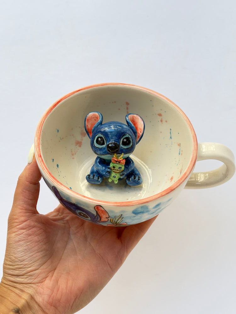 Blue long-eared monster handmade ceramic mug