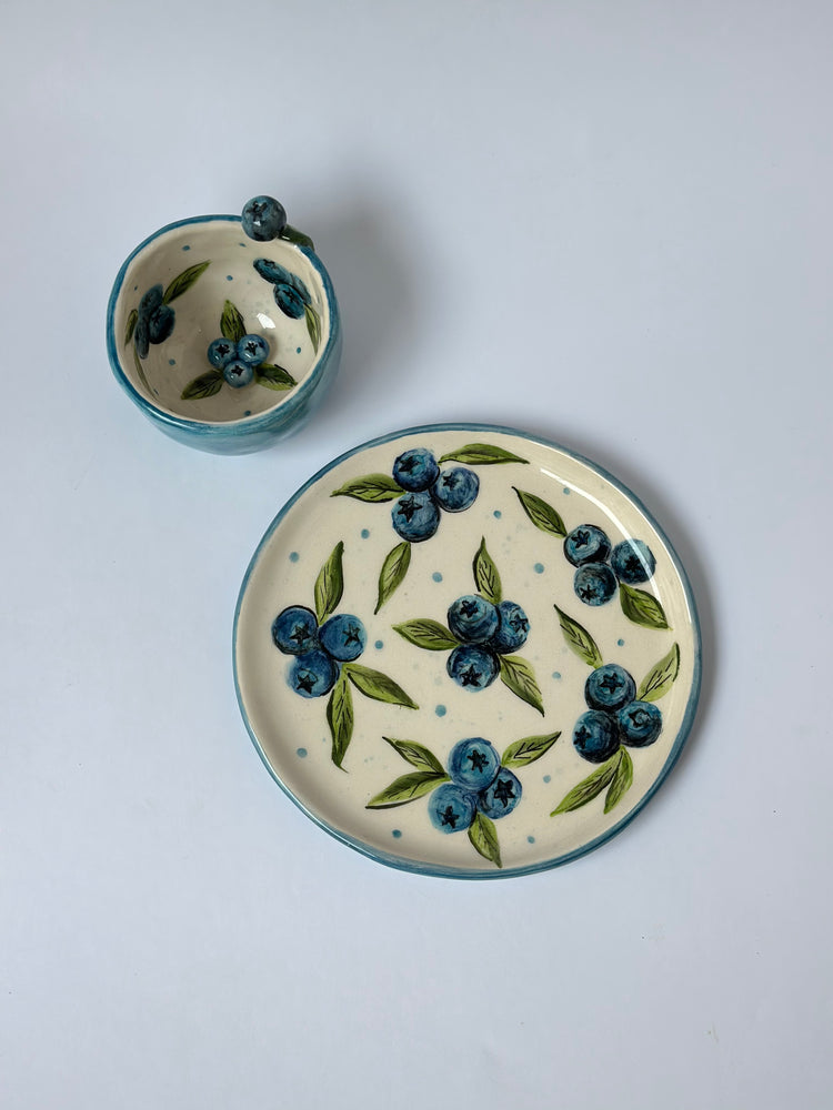 Blueberry handmade coffee cup and plate