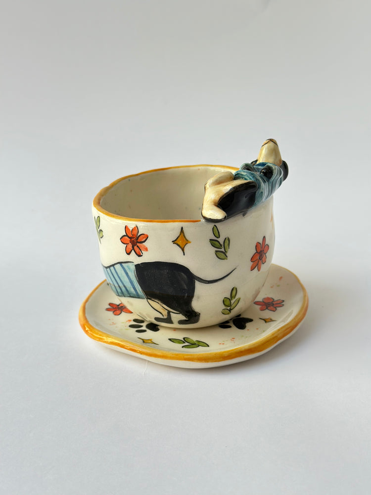 Dachshund dog handmade cup and plate