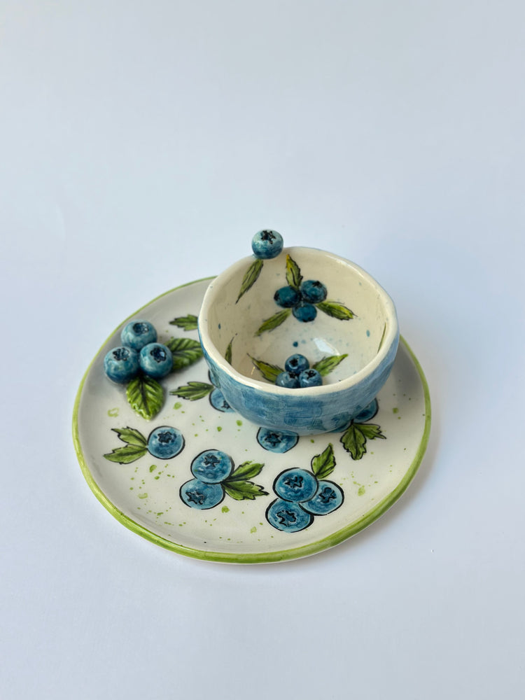 Blueberry handmade ceramic cup and plate