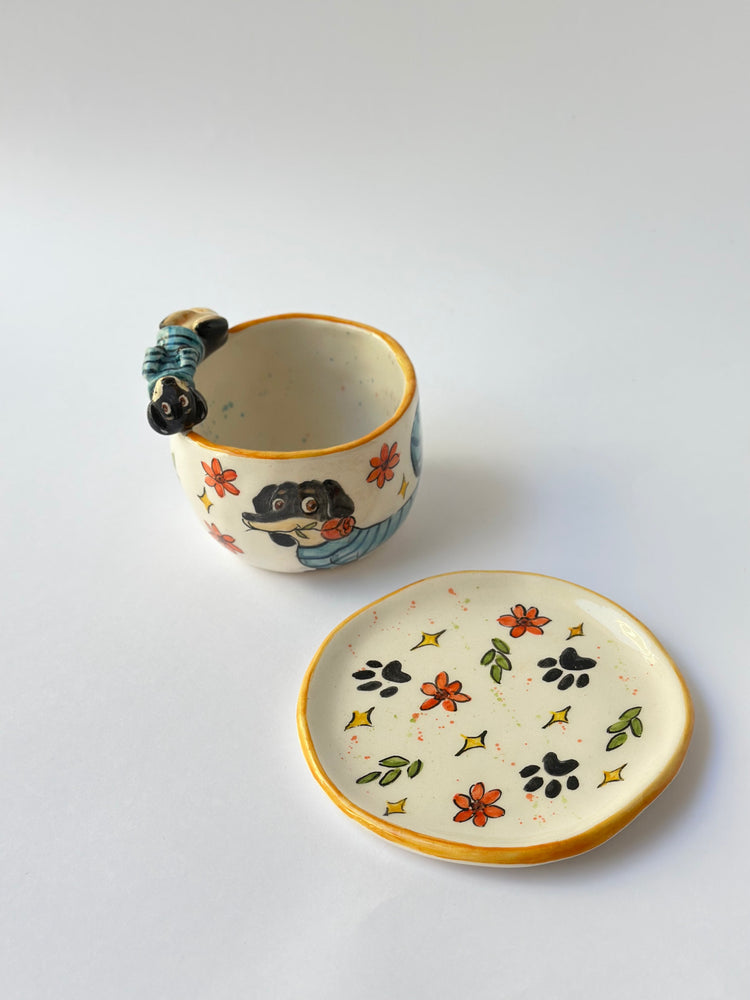 Dachshund dog handmade cup and plate