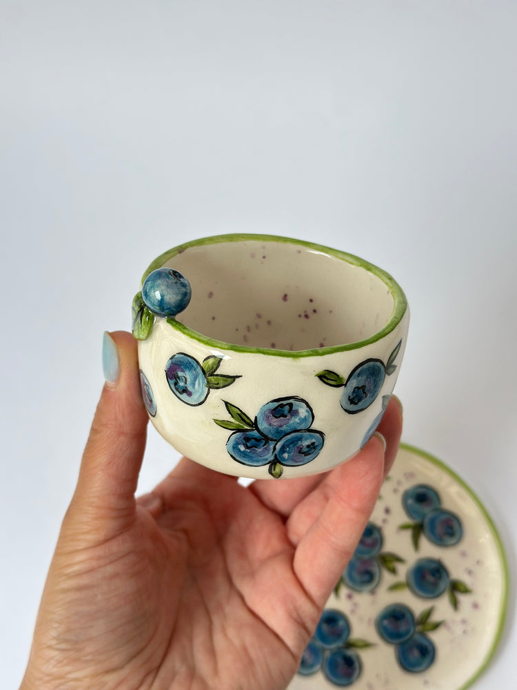 Blueberry handmade ceramic coffee cup and plate