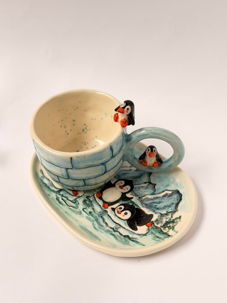 Penguen handmade ceramic mug and plate