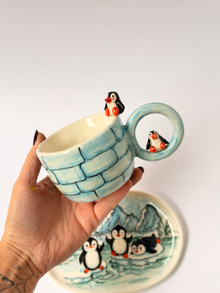 Penguen handmade ceramic mug and plate