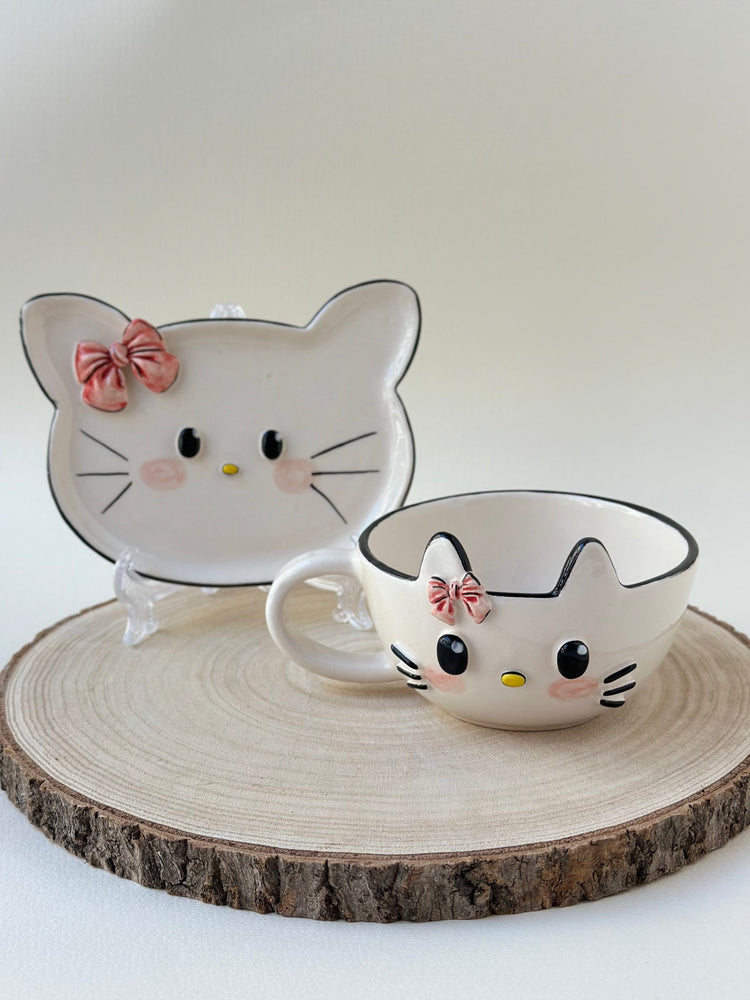 Cat handmade mug and plate