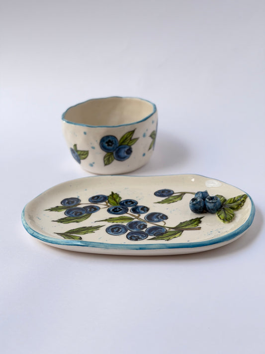 Blueberry handmade ceramic cup and plate