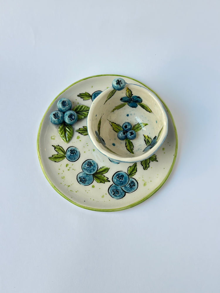 Blueberry handmade ceramic cup and plate