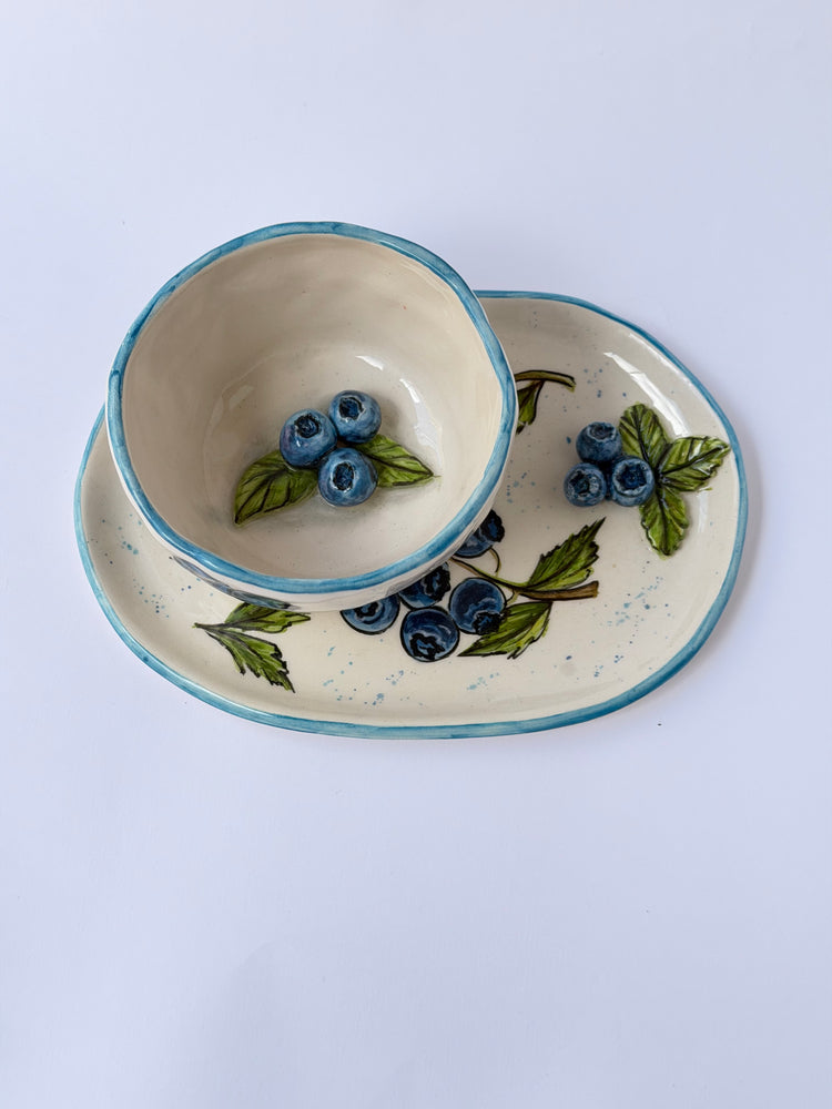 Blueberry handmade ceramic cup and plate