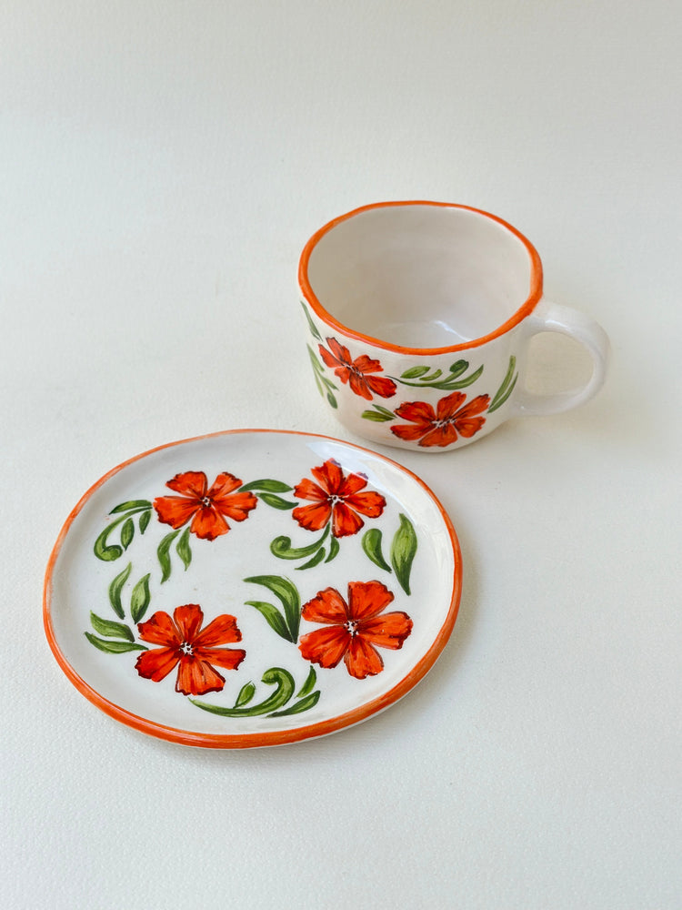 Flowers handmade mug and plate