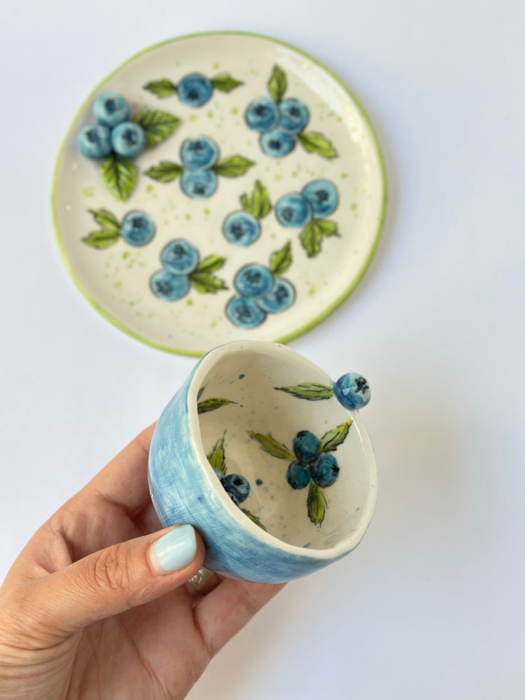 Blueberry handmade ceramic cup and plate
