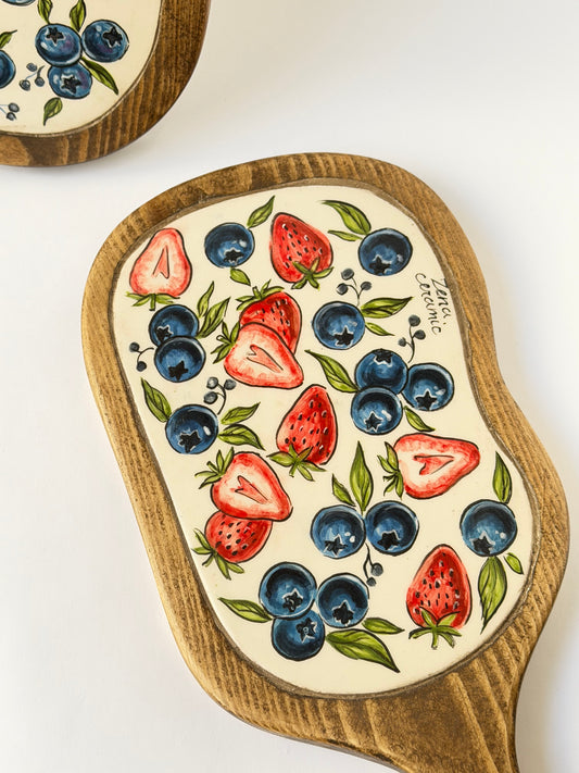 Blueberry and strawberry handmade wooden serving tray