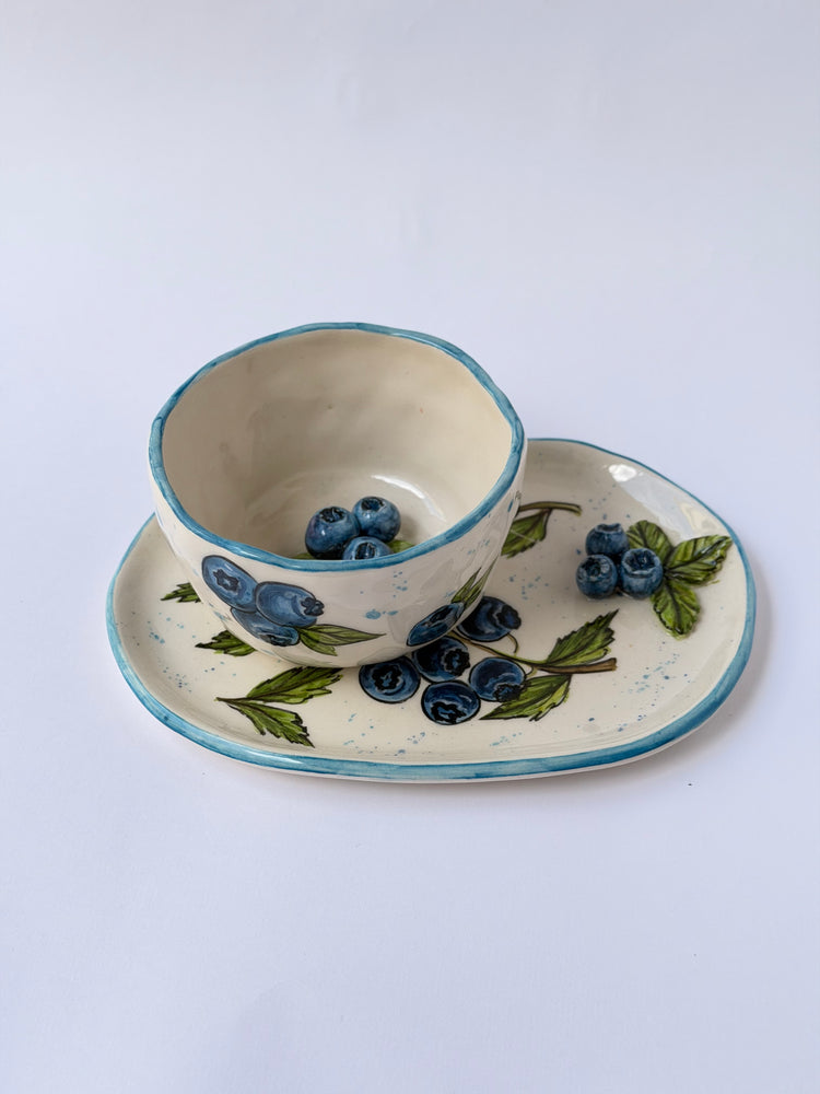 Blueberry handmade ceramic cup and plate