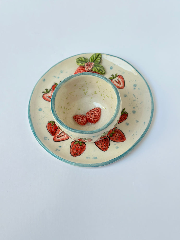 Strawberry handmade ceramic cup and plate