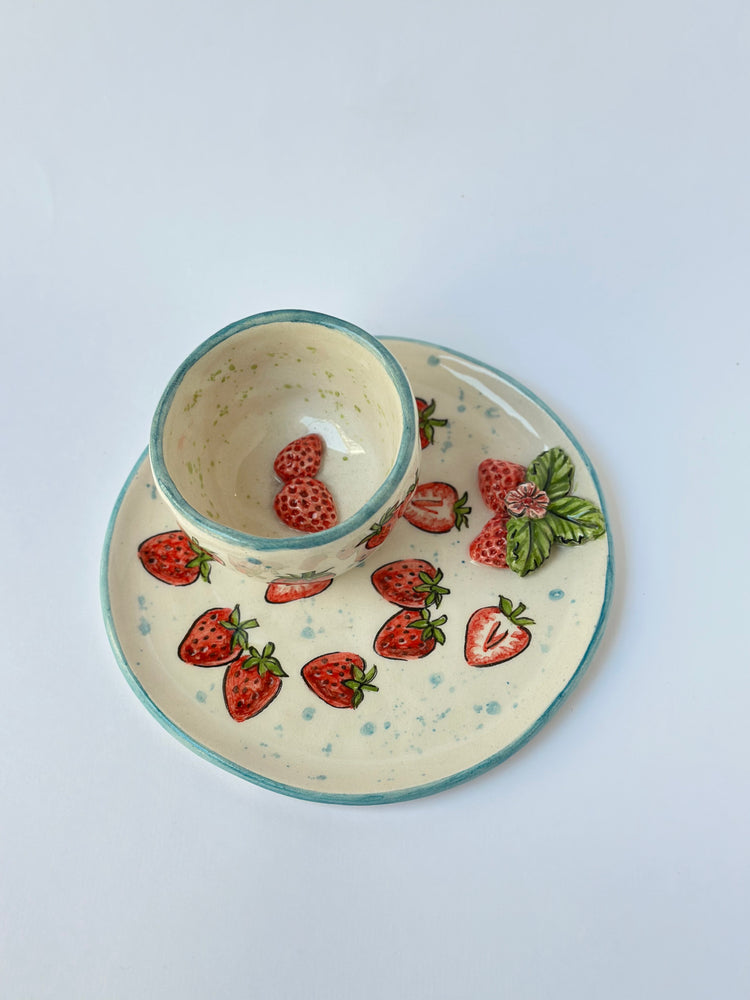 Strawberry handmade ceramic cup and plate