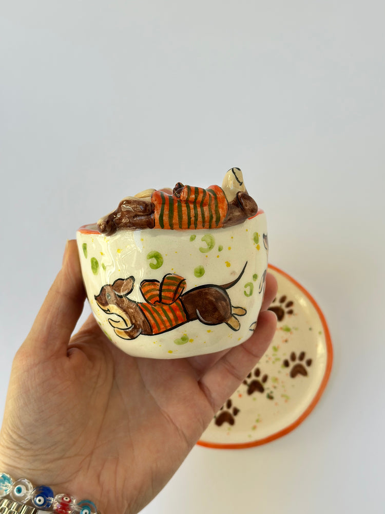 Dachshund handmade cup and plate