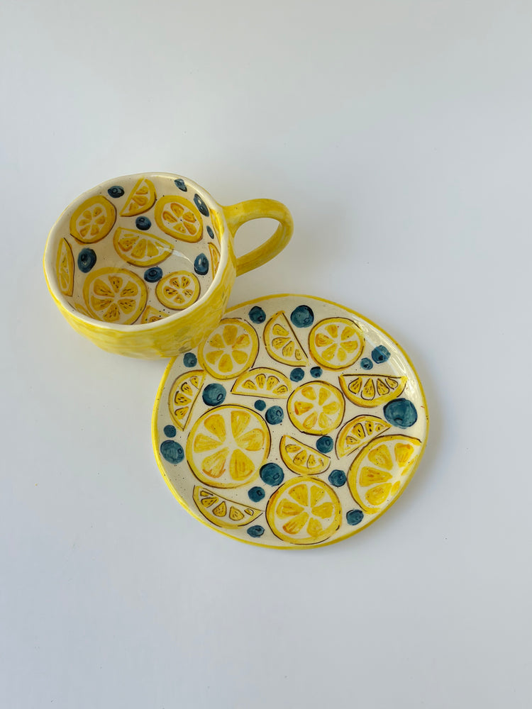 Lemon and Bluberry handmade mug and plate