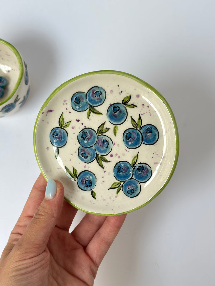 Blueberry handmade ceramic coffee cup and plate