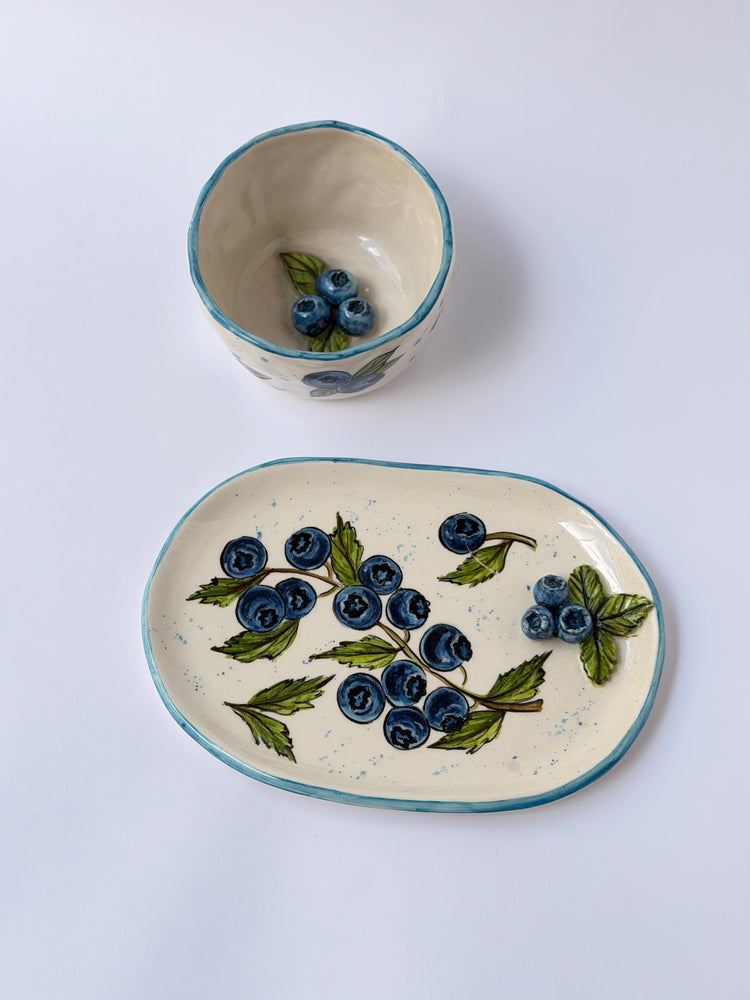 Blueberry handmade ceramic cup and plate