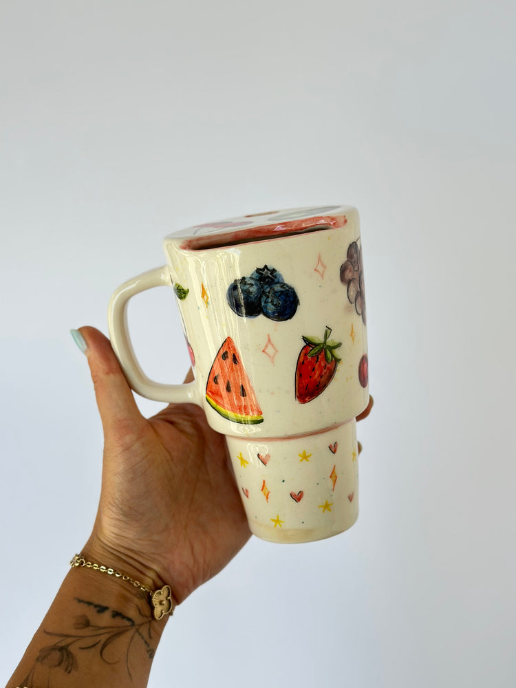 Summer fruits detailed handmade ceramic mug