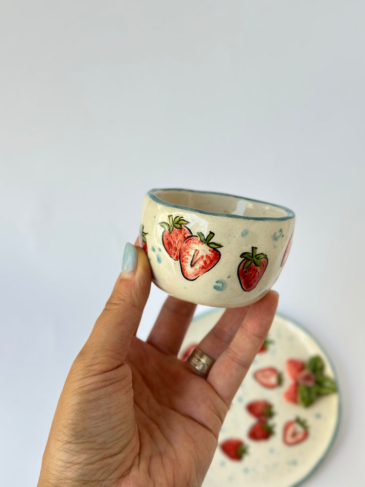 Strawberry handmade ceramic cup and plate