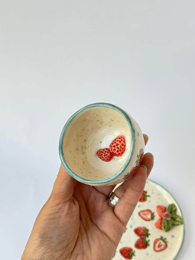 Strawberry handmade ceramic cup and plate