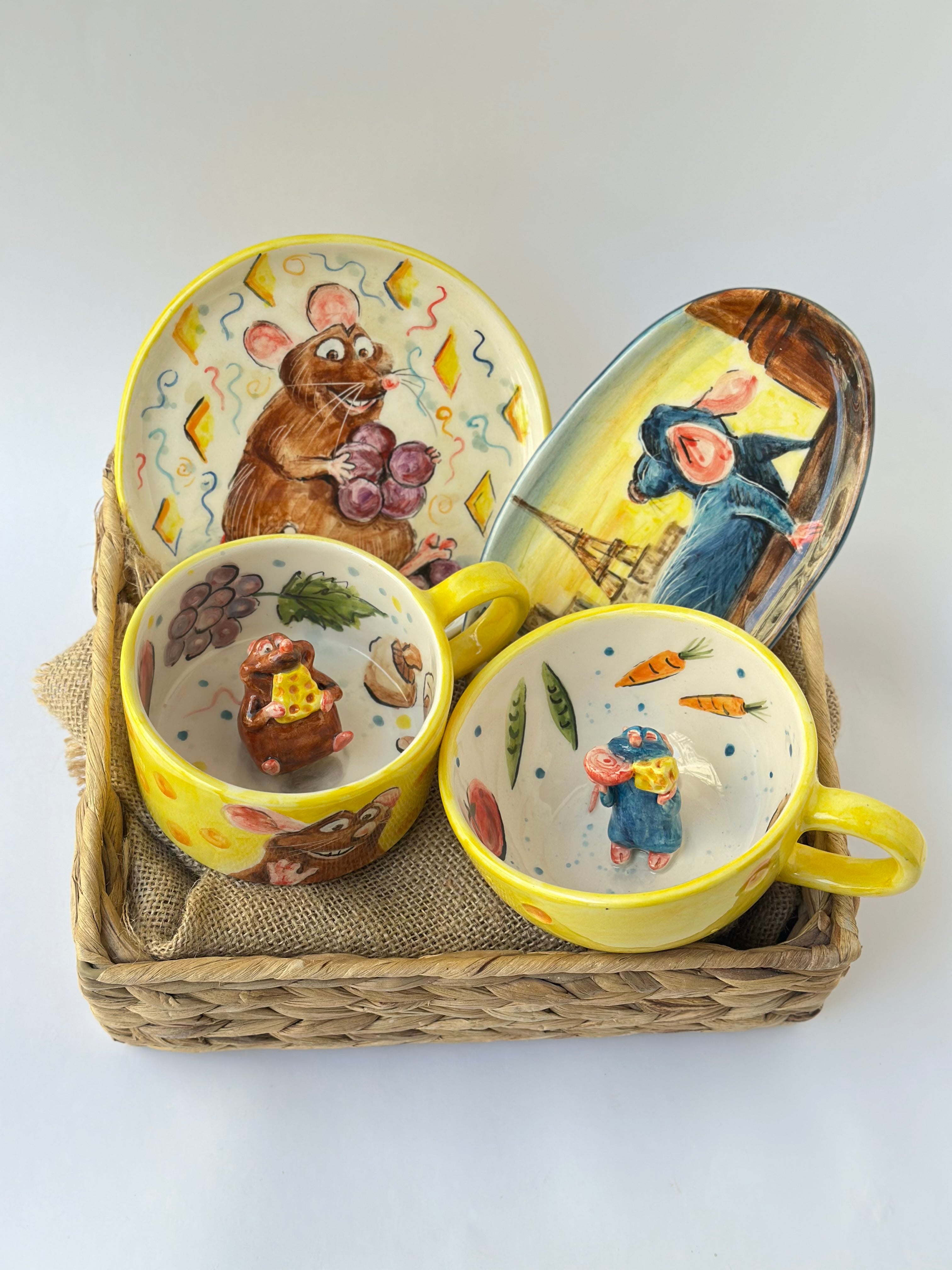 Little chef and brother handmade ceramic mugs and plate 2 piece