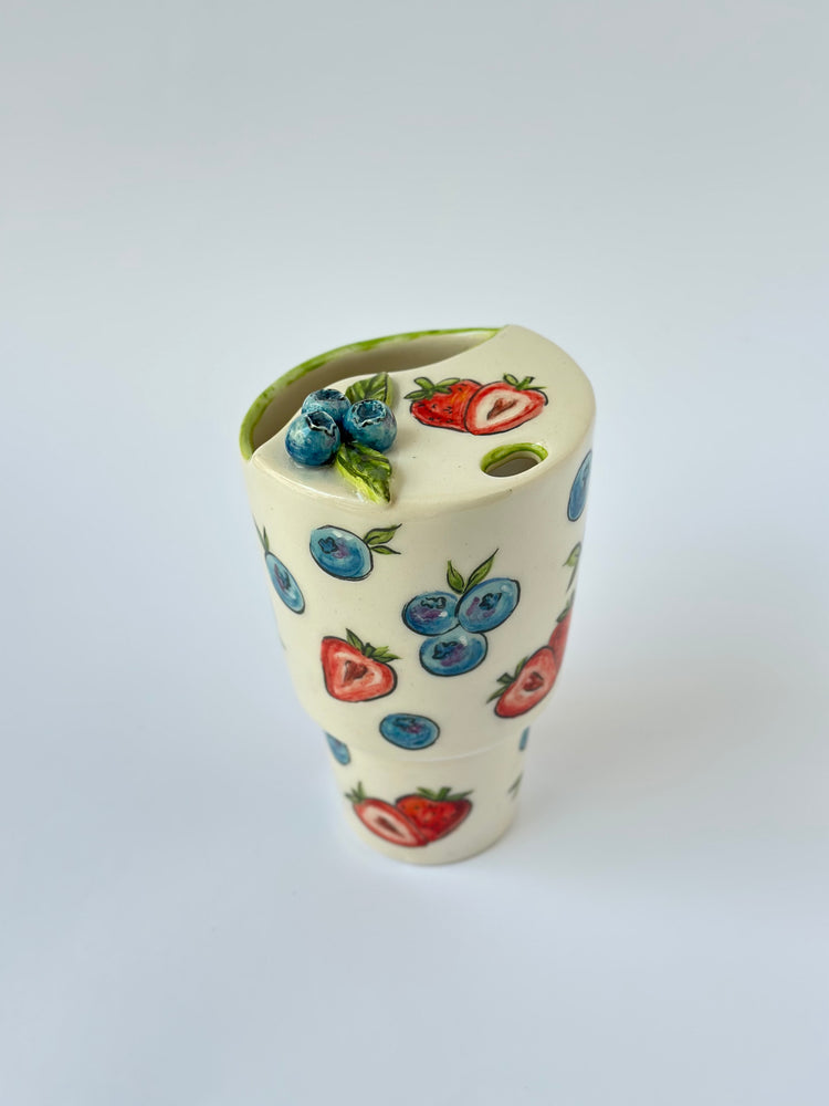 Blueberry and strawberry Handmade ceramic takeaway mug