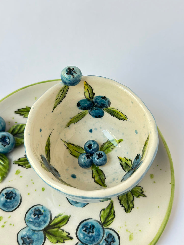Blueberry handmade ceramic cup and plate