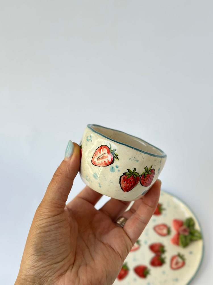 Strawberry handmade ceramic cup and plate