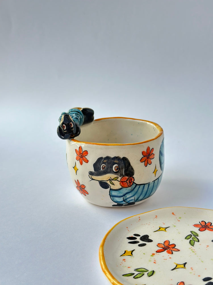 Dachshund dog handmade cup and plate