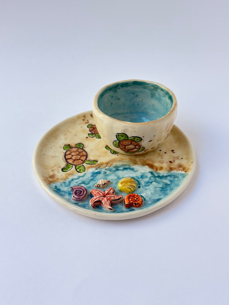 Sea Handmade ceramic coffee cup and plate