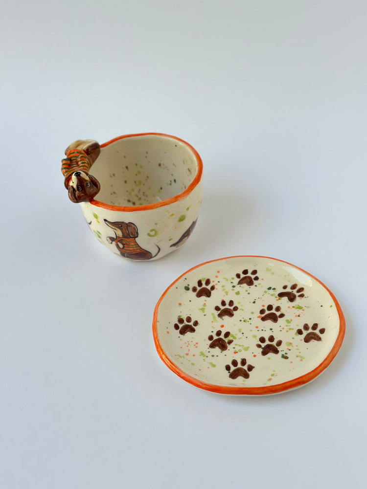 Dachshund handmade cup and plate