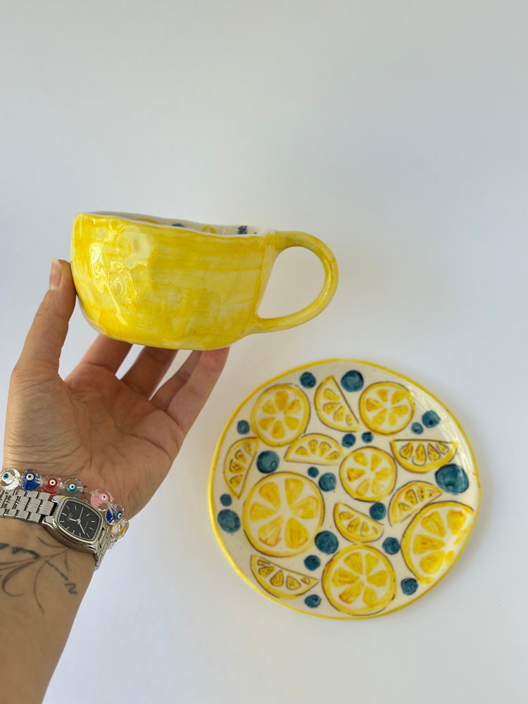 Lemon and Bluberry handmade mug and plate