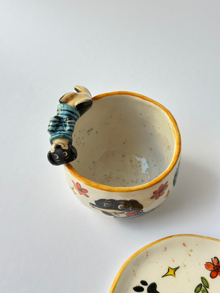 Dachshund dog handmade cup and plate