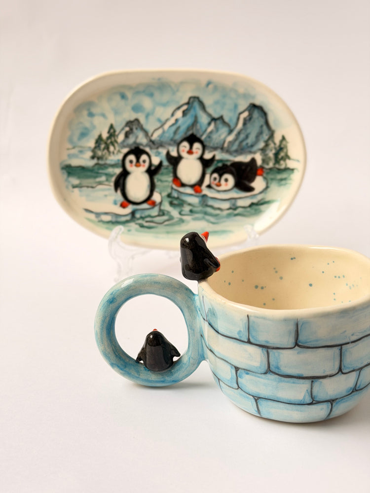 Penguen handmade ceramic mug and plate