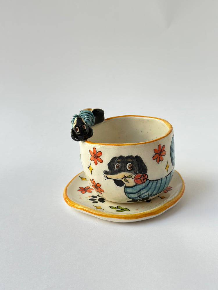 Dachshund dog handmade cup and plate
