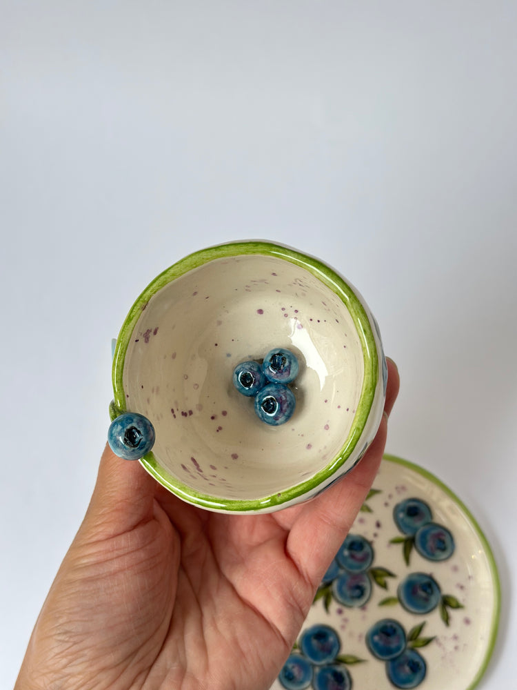 Blueberry handmade ceramic coffee cup and plate