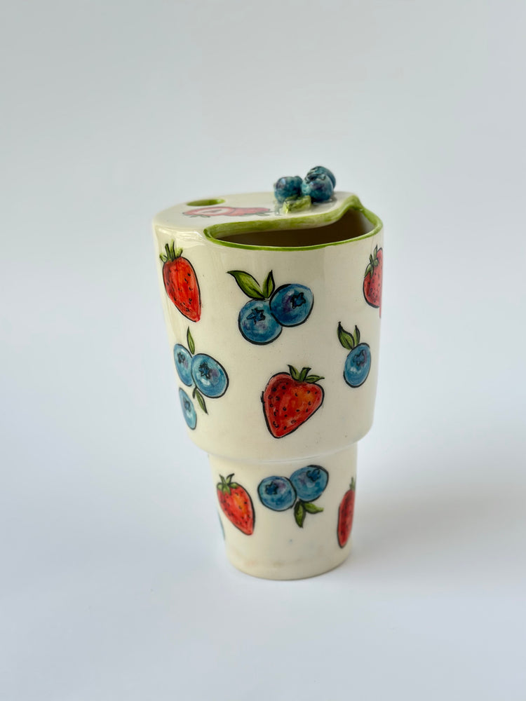 Blueberry and strawberry Handmade ceramic takeaway mug